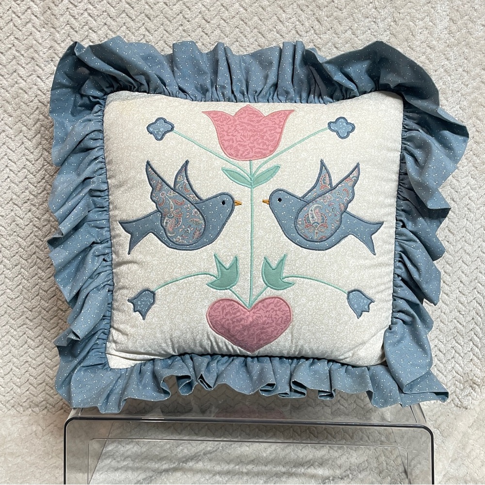 Vintage Square Accent Pillow Quilted Ruffle Love Birds‎ Tulip Cottagecore